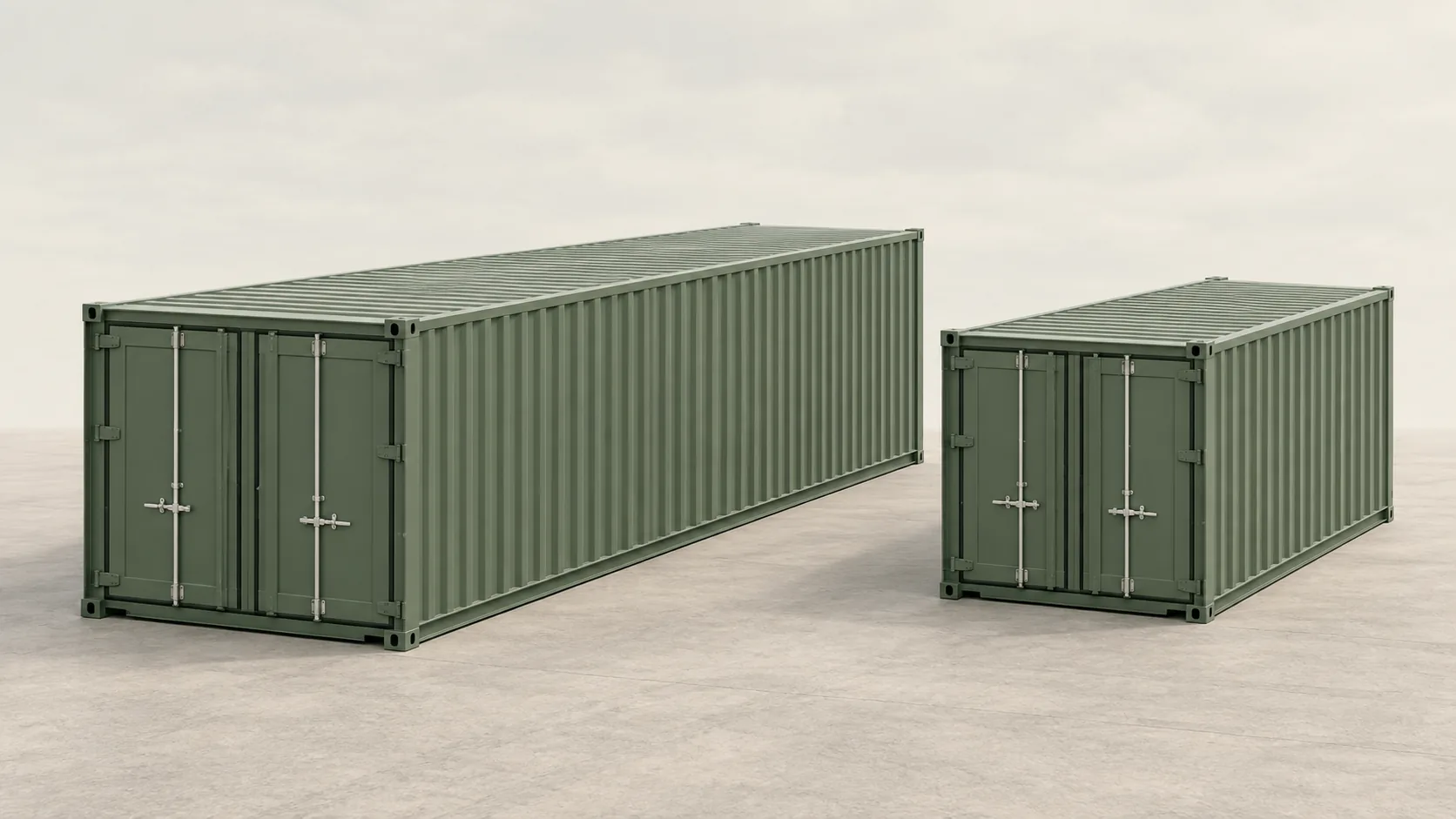 Architectural illustration comparing a closed 40-foot drive-up steel storage unit with a closed 20-foot unit